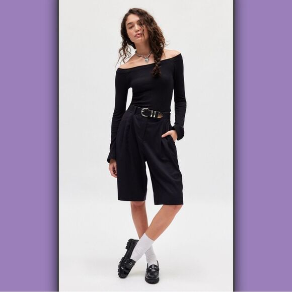 BDG Stella Boatneck Waffle knit Long Sleeve Tee Black - Picture 14 of 16